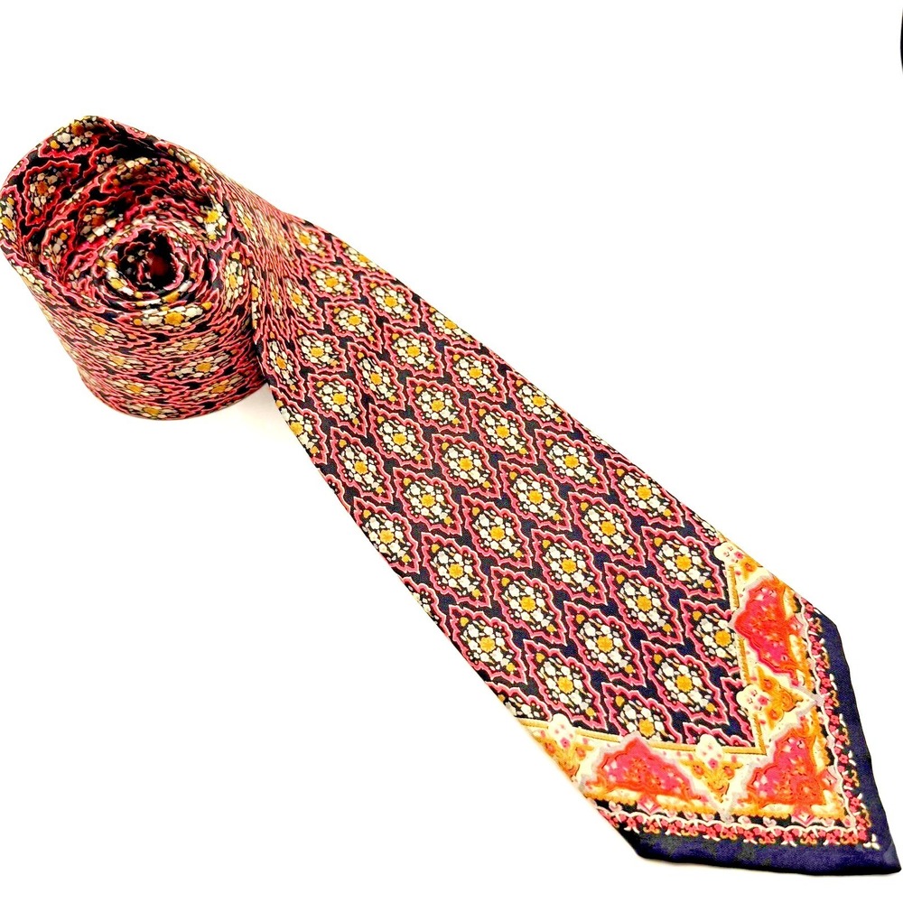 Courchevel Silk Necktie Mens OS Red Navy Geometric Medallion Border Print Tie
